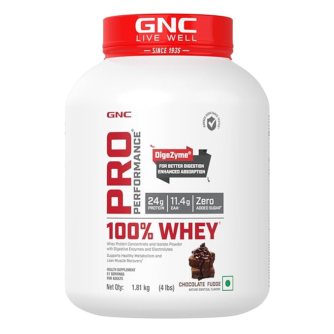 GNC 100% Whey Protein Powder  | Chocolate Fudge | 4 lbs | Speeds Up Muscle Recovery | Boosts Lean Muscle Growth | DigeZyme  For Easy Digestion